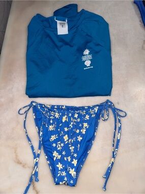 Billabong Blue Rash Guard with Floral Tie-Side Bikini Bottoms